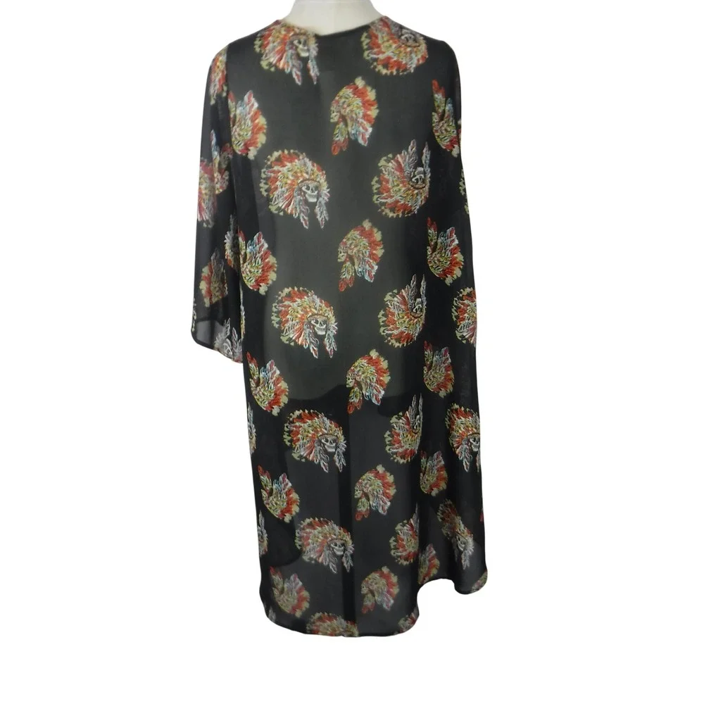 Giddy‎ Up Glamour Skull Headdress Kimono Cardigan Black High Low Sheer XL 1410
